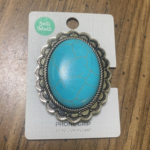 Western Styled Oval Phone Grip Faux Turquoise & Burnished Silvertone - Picture 3 of 5
